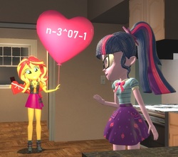 Size: 1016x900 | Tagged: safe, artist:lanceolleyfrie, sci-twi, sunset shimmer, twilight sparkle, equestria girls, equestria girls series, g4, 3d, balloon, chocolate, clothes, cutie mark on clothes, female, food, geode of empathy, geode of telekinesis, heart balloon, holiday, i love you, lesbian, magical geodes, sci-twi skirt, ship:sci-twishimmer, ship:sunsetsparkle, shipping, skirt, valentine, valentine's day