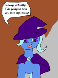 Size: 600x800 | Tagged: safe, artist:planetkiller, trixie, pony, unicorn, g4, cape, clothes, comic, crossover, female, gem, hat, looking at you, riddick, simple background, single panel, solo, text