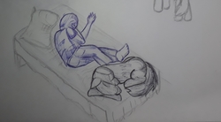 Size: 1973x1089 | Tagged: safe, artist:shehaveboththings, earth pony, human, pony, monochrome, sleeping