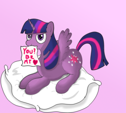 Size: 2000x1800 | Tagged: safe, artist:amateur-draw, twilight sparkle, alicorn, pony, g4, be my special somepony, female, holiday, letter, lying down, pillow, simple background, solo, text, twilight sparkle (alicorn), valentine's day