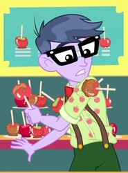 Size: 469x634 | Tagged: safe, screencap, micro chips, equestria girls, equestria girls specials, g4, my little pony equestria girls: better together, my little pony equestria girls: rollercoaster of friendship, apple, caramel apple (food), clothes, cropped, food, glasses
