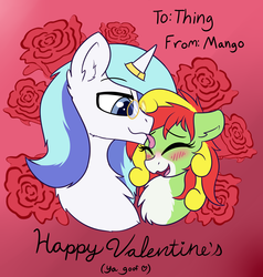 Size: 3052x3200 | Tagged: safe, artist:rivibaes, oc, oc only, oc:mango tango, oc:thing, pony, bust, high res, holiday, mlem, silly, tongue out, valentine's day