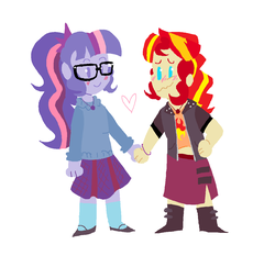 Size: 1196x1116 | Tagged: safe, artist:ediblewafflebites, sci-twi, sunset shimmer, twilight sparkle, equestria girls, g4, my little pony equestria girls: better together, alternate clothes, blushing, doodle, female, heart, holding hands, lesbian, looking at each other, ship:sci-twishimmer, ship:sunsetsparkle, shipping, simple background