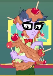 Size: 618x890 | Tagged: safe, screencap, micro chips, equestria girls, equestria girls specials, g4, my little pony equestria girls: better together, my little pony equestria girls: rollercoaster of friendship, apple, caramel apple (food), clothes, cropped, food, glasses, male