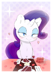 Size: 1067x1515 | Tagged: safe, artist:lyrabop, rarity, pony, unicorn, g4, alcohol, blushing, cake, candle, chest fluff, ear fluff, eyeshadow, female, flower, flower petals, food, heart, looking at you, makeup, mare, rarity looking at food, rose, solo, table, wine