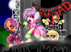 Size: 3800x2800 | Tagged: safe, artist:paulpeopless, apple bloom, scootaloo, sweetie belle, earth pony, pegasus, pony, unicorn, g4, the show stoppers, band, bipedal, clothes, cutie mark crusaders, drum set, drums, electric guitar, glam metal, guitar, hard rock, heavy metal, high res, human skull, metal belle, microphone, microphone stand, moon, musical instrument, night, punk bloom, rock (music), scootapunk, show stopper outfits, skull