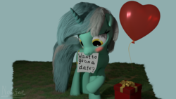 Size: 1920x1080 | Tagged: safe, artist:nebulafactory, lyra heartstrings, pony, g4, 3d, balloon, blender, blushing, grass, holiday, looking down, note, valentine's day