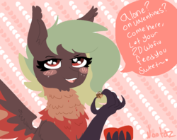 Size: 1240x980 | Tagged: safe, artist:nootaz, oc, oc:terracotta, hippogriff, blushing, cherry, chocolate, fangs, female, flirting, food, grabby boi, grin, heart, heart eyes, holding, holiday, neck feathers, open mouth, open smile, smiling, smug, speech bubble, talking to viewer, talons, teeth, text, this will end in pregnancy, valentine's day, valentine's day card, wingding eyes, wings