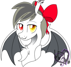 Size: 1266x1200 | Tagged: safe, artist:songheartva, oc, oc only, bat pony, pony, bow, bust, chest fluff, fangs, hair bow, heterochromia, looking at you, male, portrait, solo, spread wings, stallion, watermark, wings