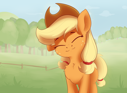 Size: 2330x1719 | Tagged: safe, artist:anti1mozg, applejack, earth pony, pony, g4, chest fluff, cowboy hat, cute, eyes closed, female, fence, freckles, happy, hat, high res, jackabetes, mare, smiling, solo, standing, tree