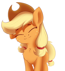 Size: 1572x1716 | Tagged: source needed, safe, artist:anti1mozg, applejack, earth pony, pony, g4, cowboy hat, cute, eyes closed, female, freckles, happy, hat, jackabetes, simple background, solo, standing, white background