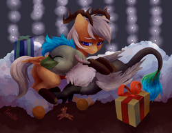 Size: 1401x1080 | Tagged: safe, artist:ynelle, oc, oc only, oc:antler pone, oc:fluffy (the griffon), griffon, pony, antlers, christmas, christmas presents, gingerbread pony, holiday, snow, snuggling