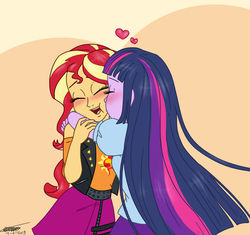 Size: 800x752 | Tagged: safe, artist:snowstoat, sunset shimmer, twilight sparkle, equestria girls, g4, my little pony equestria girls: better together, blushing, cheek kiss, cute, duo, female, heart, hug, kissing, lesbian, shimmerbetes, ship:sunsetsparkle, shipping, twilight sparkle (alicorn)