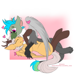 Size: 1080x1080 | Tagged: safe, artist:ynelle, oc, oc only, oc:antler pone, oc:fluffy (the griffon), griffon, pony, :p, antlers, silly, snuggling, tongue out