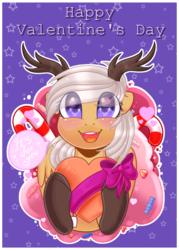 Size: 775x1080 | Tagged: safe, artist:auroracursed, oc, oc only, oc:antler pone, pony, antlers, blushing, digital art, holding heart, holiday, solo, valentine's day