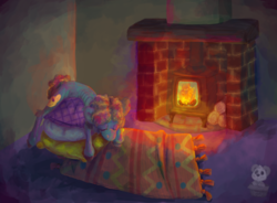 Size: 1280x942 | Tagged: safe, artist:lilsunshinesam, oc, oc only, oc:sampony, pony, fire, fireplace, pillow, rug, sleeping, solo, warmth