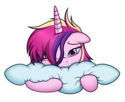 Size: 4468x3656 | Tagged: safe, artist:mirrorcrescent, princess cadance, alicorn, pony, g4, bed mane, cute, cutedance, female, floppy ears, looking at you, mare, one eye closed, pillow, simple background, smiling, solo, transparent background