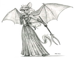 Size: 1400x1112 | Tagged: safe, artist:baron engel, princess luna, mouse, anthro, g4, bat wings, breasts, clothes, female, grayscale, monochrome, pencil drawing, scythe, simple background, solo, species swap, traditional art, white background, wings