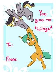 Size: 1500x2000 | Tagged: safe, artist:kryptchild, snails, oc, oc:aero, pegasus, pony, unicorn, g4, aeroshell, canon x oc, carrying, cute, flying, glitter shell, holiday, looking down, looking up, male, offspring, offspring shipping, parent:derpy hooves, parent:oc:warden, parents:canon x oc, parents:warderp, shipping, valentine's day, valentine's day card