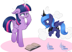 Size: 2538x1824 | Tagged: safe, artist:puetsua, princess luna, twilight sparkle, alicorn, pony, g4, age regression, book, chest fluff, female, filly, hoof shoes, mare, mistake, twilight sparkle (alicorn), woona, younger