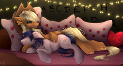 Size: 3021x1622 | Tagged: safe, artist:kindly-fox, applejack, oc, oc:constance everheart, earth pony, pony, g4, applejack's hat, blushing, canon x oc, cowboy hat, everjack, eyes closed, female, floppy ears, hat, heart, holiday, male, mare, pillow, shipping, signature, smiling, stallion, straight, valentine's day