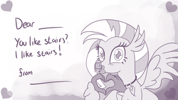 Size: 1066x600 | Tagged: safe, artist:sintakhra, silverstream, classical hippogriff, hippogriff, tumblr:studentsix, g4, cute, diastreamies, female, grayscale, heart, looking at you, monochrome, solo, stair keychain, text, valentine's day card
