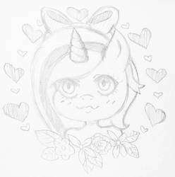 Size: 1024x1031 | Tagged: safe, artist:fairybunni, oc, oc:fleurbelle, alicorn, pony, adorabelle, adorable face, alicorn oc, bow, cute, female, flower, grayscale, hair bow, happy, heart, looking at you, mare, monochrome, ribbon, simple background, smiling, sweet, traditional art, white background