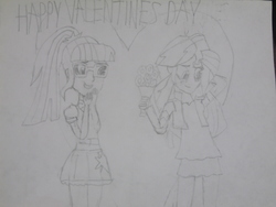Size: 1024x768 | Tagged: safe, artist:brandonale, sci-twi, sunset shimmer, twilight sparkle, equestria girls, g4, female, flower, happy valentines day, heart, holiday, lesbian, pencil drawing, ship:sci-twishimmer, ship:sunsetsparkle, shipping, traditional art, valentine's day