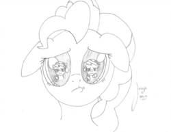 Size: 1017x786 | Tagged: safe, pinkie pie, rainbow dash, pony, g4, annoyed, grayscale, looking at you, monochrome, pouting, reflection, signature, simple background, white background