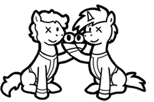 Size: 225x150 | Tagged: safe, artist:crazyperson, earth pony, pony, unicorn, fallout equestria, fallout equestria: commonwealth, black and white, clothes, duo, fanfic, fanfic art, generic pony, grayscale, hooves, horn, jumpsuit, male, missing eye, monochrome, picture for breezies, simple background, sitting, stallion, transparent background, vault suit
