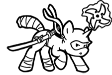 Size: 225x150 | Tagged: safe, artist:crazyperson, pony, unicorn, fallout equestria, fallout equestria: commonwealth, black and white, fanfic art, generic pony, glowing horn, grayscale, hooves, horn, katana, levitation, magic, magic aura, monochrome, ninja, picture for breezies, shuriken, simple background, solo, sword, telekinesis, transparent background, weapon