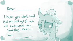 Size: 1066x600 | Tagged: safe, artist:sintakhra, ocellus, changedling, changeling, tumblr:studentsix, g4, blushing, cute, diaocelles, female, heart, holiday, monochrome, open mouth, solo, text, valentine's day, valentine's day card