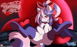 Size: 5236x3234 | Tagged: safe, artist:xwhitedreamsx, oc, oc only, oc:sweet velvet, bat pony, pony, absurd resolution, bat pony oc, belly, butt, collar, dock, featureless crotch, female, fluffy, holiday, looking at you, open mouth, plot, solo, spread legs, spreading, tail, tongue out, valentine's day