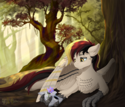 Size: 3000x2571 | Tagged: safe, artist:wildviolet-m, oc, oc only, oc:silent flight, pony, chest fluff, commission, crepuscular rays, flower, forest, high res, large wings, male, mask, solo, sunlight, tree, wings