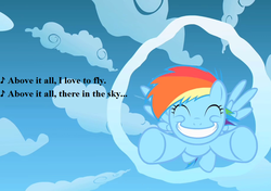 Size: 918x648 | Tagged: safe, edit, edited screencap, editor:korora, screencap, rainbow dash, g4, sonic rainboom (episode), above it all (sesame street), cropped, cute, dashabetes, female, filly, filly rainbow dash, flight camp, lyrics, sesame street, song reference, text, younger