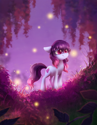 Size: 1913x2475 | Tagged: safe, artist:dawnfire, oc, oc only, oc:share dast, firefly (insect), pony, art trade, female, mare, scenery, smiling, solo, tree