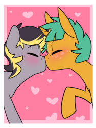 Size: 1500x2000 | Tagged: safe, artist:kryptchild, snails, oc, oc:aero, pegasus, pony, unicorn, g4, aeroshell, blushing, canon x oc, cute, eyes closed, gay, glitter shell, heart, holiday, kissing, male, offspring, offspring shipping, parent:derpy hooves, parent:oc:warden, parents:canon x oc, parents:warderp, pink, raised hoof, shipping, simple background, transparent background, valentine's day