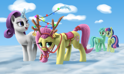 Size: 3349x1991 | Tagged: safe, artist:odooee, bon bon, fluttershy, lyra heartstrings, rarity, sweetie drops, earth pony, pegasus, pony, unicorn, g4, antlers, bell, blushing, bound wings, bridle, butt, cloud, embarrassed, female, glowing horn, hair tie, hair wrap, horn, lesbian, levitation, looking back, magic, magic aura, mare, plot, raised tail, reindeer antlers, reins, saddle, ship:flarity, ship:lyrabon, shipping, string lights, tack, tail, tail band, tail wrap, telekinesis, walking