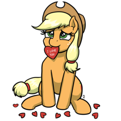 Size: 1200x1200 | Tagged: safe, artist:mkogwheel, applejack, earth pony, pony, g4, applejack's hat, cowboy hat, cute, female, hat, heart, heart eyes, holiday, jackabetes, mare, mouth hold, simple background, sitting, solo, valentine's day, white background, wingding eyes