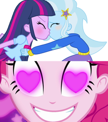 Size: 1912x2152 | Tagged: safe, artist:kog, edit, screencap, pinkie pie, trixie, twilight sparkle, coinky-dink world, equestria girls, g4, my little pony equestria girls: summertime shorts, female, heart eyes, kissing, lesbian, meme, pinkie's eyes, ship:twixie, shipping, wingding eyes