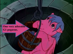 Size: 640x480 | Tagged: safe, edit, edited screencap, editor:korora, screencap, firefly, pegasus, pony, g1, rescue at midnight castle, :t, arrow, bucket, captain obvious, cute, female, floppy ears, flyabetes, hanging, lidded eyes, looking up, mare, smiling, solo, text, water, well, wet, wet mane
