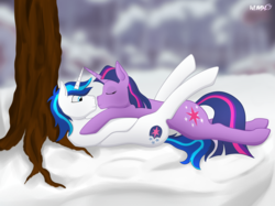 Size: 3840x2871 | Tagged: safe, artist:wumbl3, derpibooru exclusive, shining armor, twilight sparkle, pony, unicorn, g4, cuddling, cutie mark, duo, eyes closed, female, high res, holiday, horn, horns are touching, incest, infidelity, male, ship:shiningsparkle, shipping, smiling, snow, straight, tree, twicest, valentine's day, winter