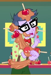 Size: 639x937 | Tagged: safe, screencap, microchips, equestria girls, equestria girls series, g4, rollercoaster of friendship, apple, caramel apple (food), clothes, cropped, food, glasses