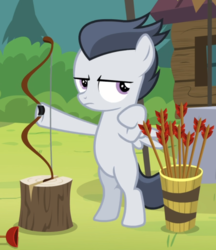 Size: 775x897 | Tagged: safe, screencap, rumble, pegasus, pony, g4, marks and recreation, archery, bipedal, colt, cropped, male, unamused