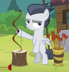 Size: 858x898 | Tagged: safe, screencap, rumble, pegasus, pony, g4, marks and recreation, archery, arrow, bipedal, colt, cropped, lidded eyes, male, suction cup, unamused