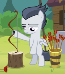 Size: 791x905 | Tagged: safe, screencap, rumble, pegasus, pony, g4, marks and recreation, archery, bipedal, colt, cropped, lidded eyes, male