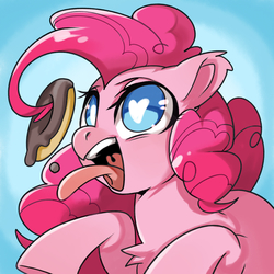 Size: 2519x2519 | Tagged: safe, artist:rougeredred, pinkie pie, earth pony, pony, g4, blue background, chest fluff, cute, diapinkes, donut, ear fluff, eyes on the prize, female, food, gradient background, heart eyes, high res, mare, open mouth, prehensile mane, simple background, smiling, solo, tongue out, uvula, wingding eyes