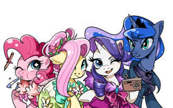 Size: 944x590 | Tagged: safe, artist:rougeredred, fluttershy, pinkie pie, princess luna, rarity, alicorn, earth pony, pony, unicorn, g4, clothes, dress, female, mare, one eye closed, open mouth, simple background, smiling, white background