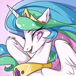 Size: 2519x2519 | Tagged: safe, artist:rougeredred, princess celestia, alicorn, pony, g4, bust, crown, cute, cutelestia, female, high res, jewelry, mare, no pupils, open mouth, portrait, regalia, solo, spread wings, wing fluff, wings