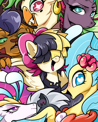 Size: 1889x2362 | Tagged: safe, artist:rougeredred, capper dapperpaws, captain celaeno, grubber, princess skystar, queen novo, songbird serenade, tempest shadow, pegasus, pony, seapony (g4), g4, my little pony: the movie, clothes, female, male, mare, open mouth